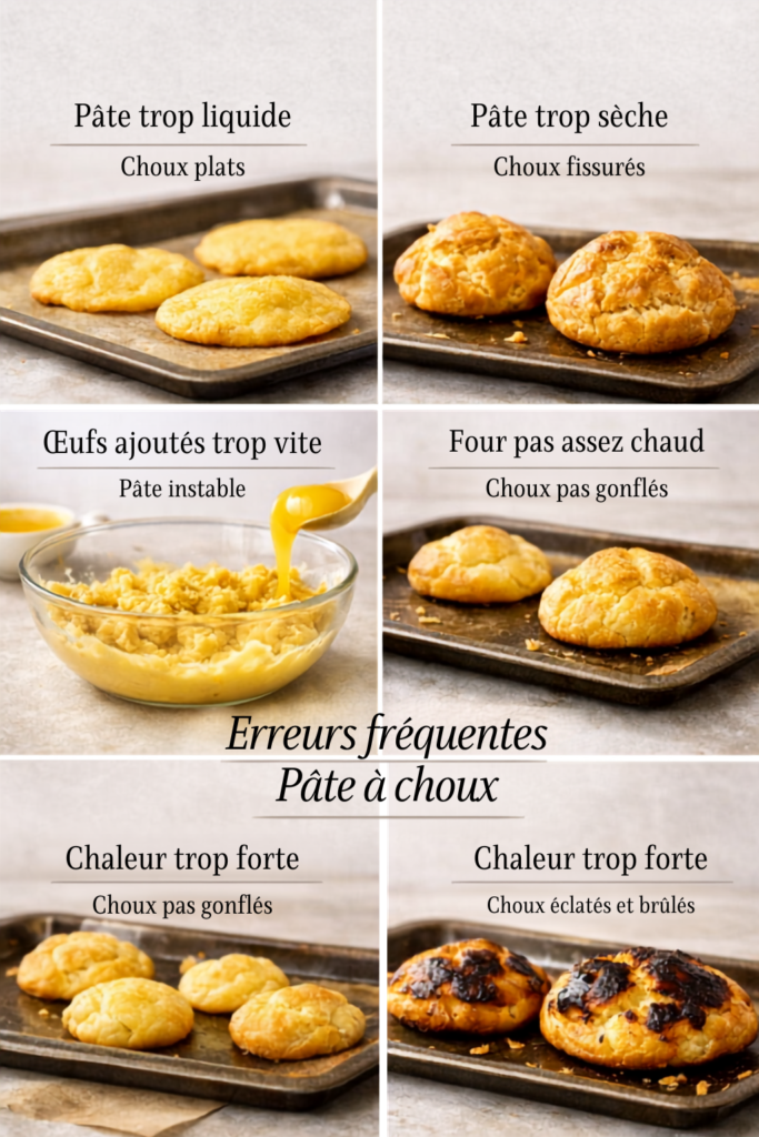 Illustration des erreurs fréquentes de la pâte à choux — pâte trop liquide, pâte trop sèche, œufs ajoutés trop vite, four pas assez chaud et chaleur trop forte, en ambiance lumineuse naturelle de style food photography.
