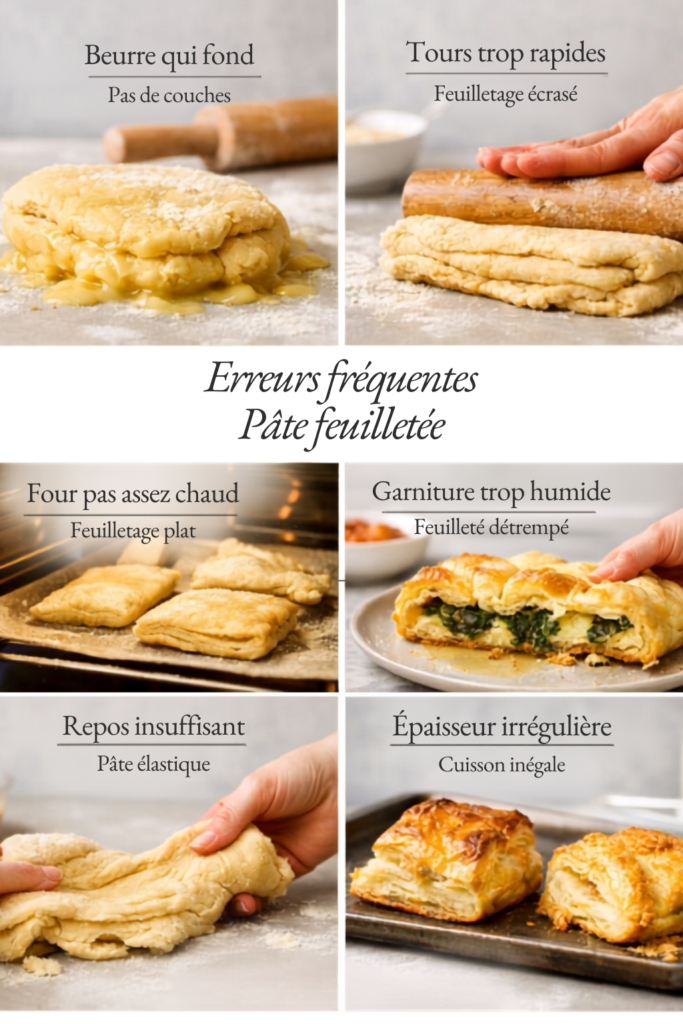 Illustration des erreurs fréquentes de la pâte à choux — dessèchement insuffisant ou excessif, ajout d’œufs trop rapide, four ouvert, température inadaptée et pochage irrégulier, en ambiance lumineuse naturelle de style food photography.