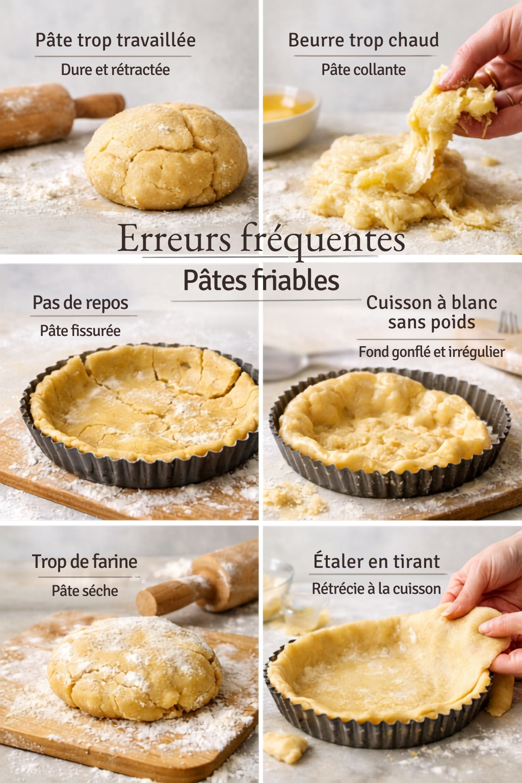Illustration des erreurs fréquentes des pâtes friables — pâte trop travaillée, beurre trop chaud, repos insuffisant, excès de farine, étalage incorrect et cuisson à blanc sans poids, en ambiance lumineuse naturelle de style food photography.
