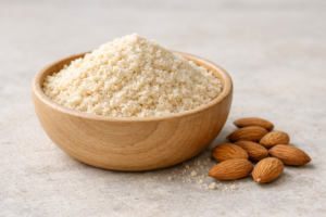 Bol en bois clair rempli de farine d’amande légèrement granuleuse, quelques amandes entières posées à côté, lumière naturelle douce, ambiance culinaire moderne.