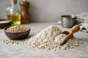 Farine de sarrasin sur surface texturée avec ustensiles de cuisine en arrière‑plan, lumière naturelle douce.