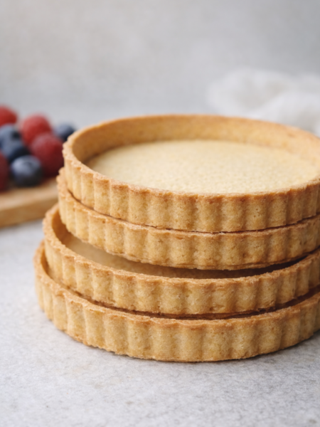Pâte sablée méthode crémage – fonds de tartelettes dorées empilés sur surface claire, lumière naturelle et décor minimaliste.
