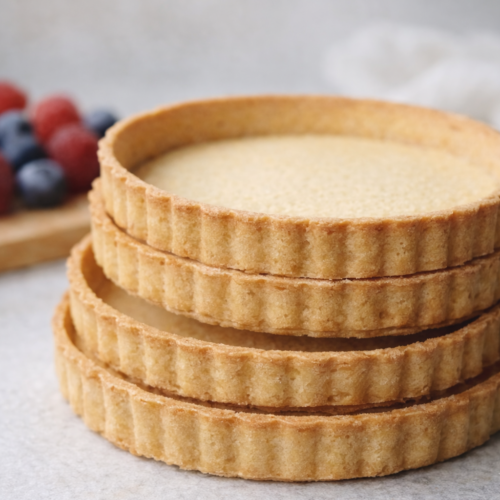 Pâte sablée méthode crémage – fonds de tartelettes dorées empilés sur surface claire, lumière naturelle et décor minimaliste.