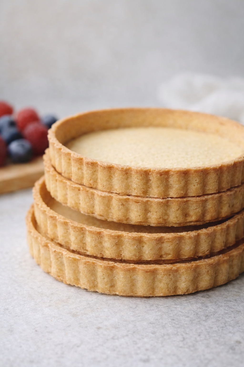 Pâte sablée méthode crémage – fonds de tartelettes dorées empilés sur surface claire, lumière naturelle et décor minimaliste.