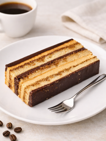 Tranche d’Opéra sur assiette blanche avec fourchette à dessert — entremets français à couches de biscuit Joconde, ganache chocolat et crème au café.