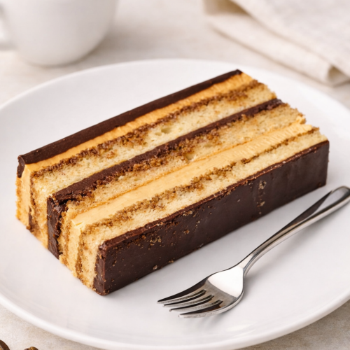 Tranche d’Opéra sur assiette blanche avec fourchette à dessert — entremets français à couches de biscuit Joconde, ganache chocolat et crème au café.