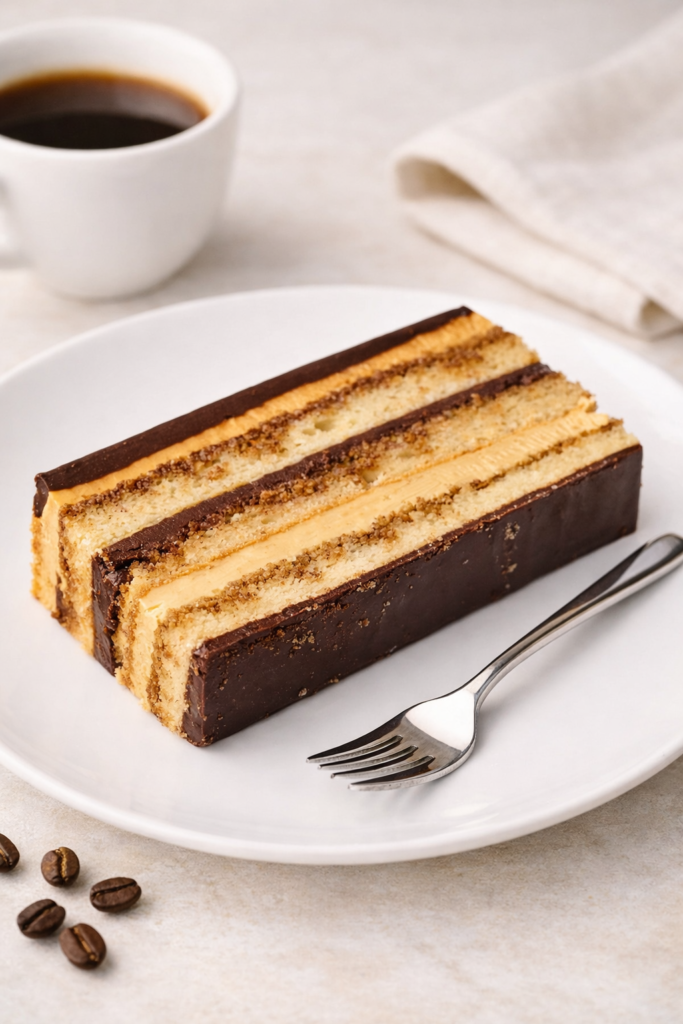 Tranche d’Opéra sur assiette blanche avec fourchette à dessert — entremets français à couches de biscuit Joconde, ganache chocolat et crème au café.