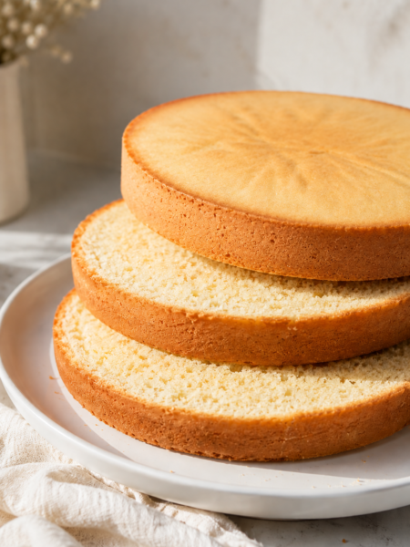 Trois couches de génoise classique moelleuse empilées sur une assiette blanche, mettant en valeur leur mie légère et aérienne dans une lumière naturelle douce.