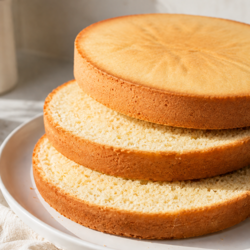 Trois couches de génoise classique moelleuse empilées sur une assiette blanche, mettant en valeur leur mie légère et aérienne dans une lumière naturelle douce.