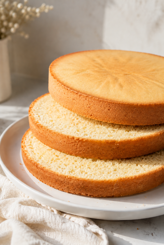 Trois couches de génoise classique moelleuse empilées sur une assiette blanche, mettant en valeur leur mie légère et aérienne dans une lumière naturelle douce.