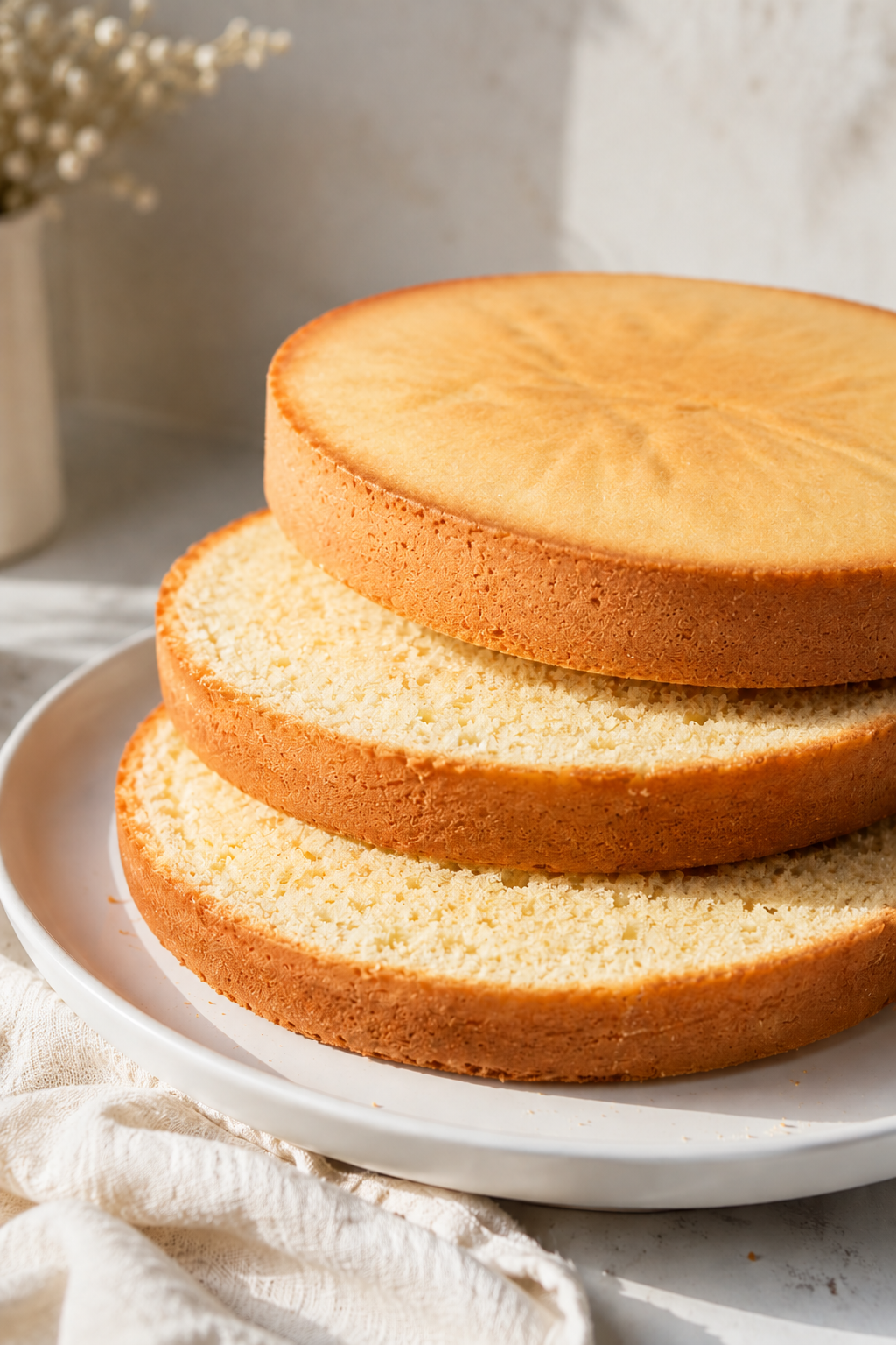 Trois couches de génoise classique moelleuse empilées sur une assiette blanche, mettant en valeur leur mie légère et aérienne dans une lumière naturelle douce.