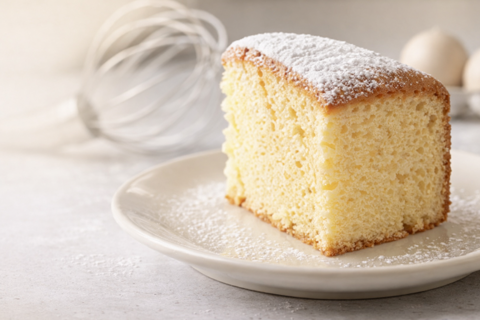 Tranche de génoise légère saupoudrée de sucre glace sur assiette blanche, avec ustensiles de pâtisserie en arrière‑plan flou.