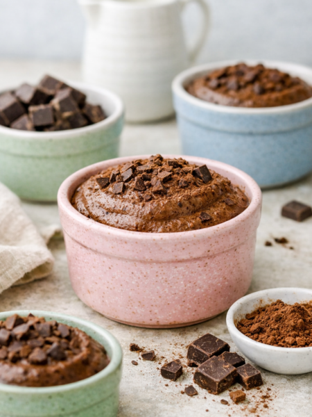 Mousse au chocolat 3 ingrédients dans ramequin rose pastel, texture céramique artisanale, lumière naturelle