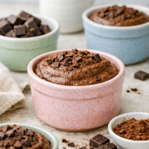 Mousse au chocolat 3 ingrédients dans ramequin rose pastel, texture céramique artisanale, lumière naturelle