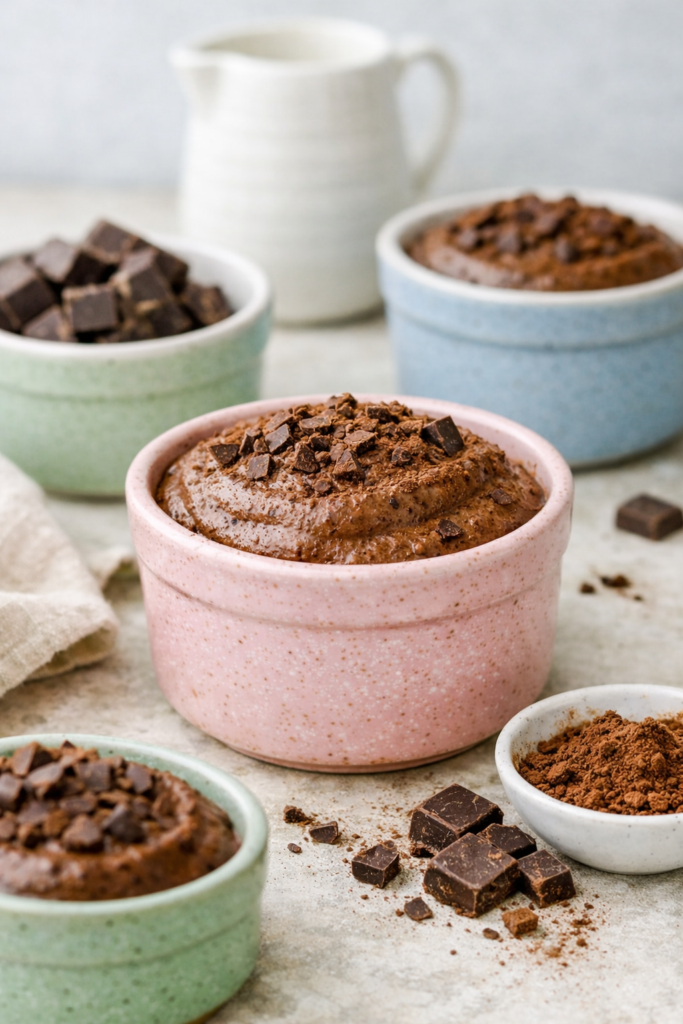 Mousse au chocolat 3 ingrédients dans ramequin rose pastel, texture céramique artisanale, lumière naturelle