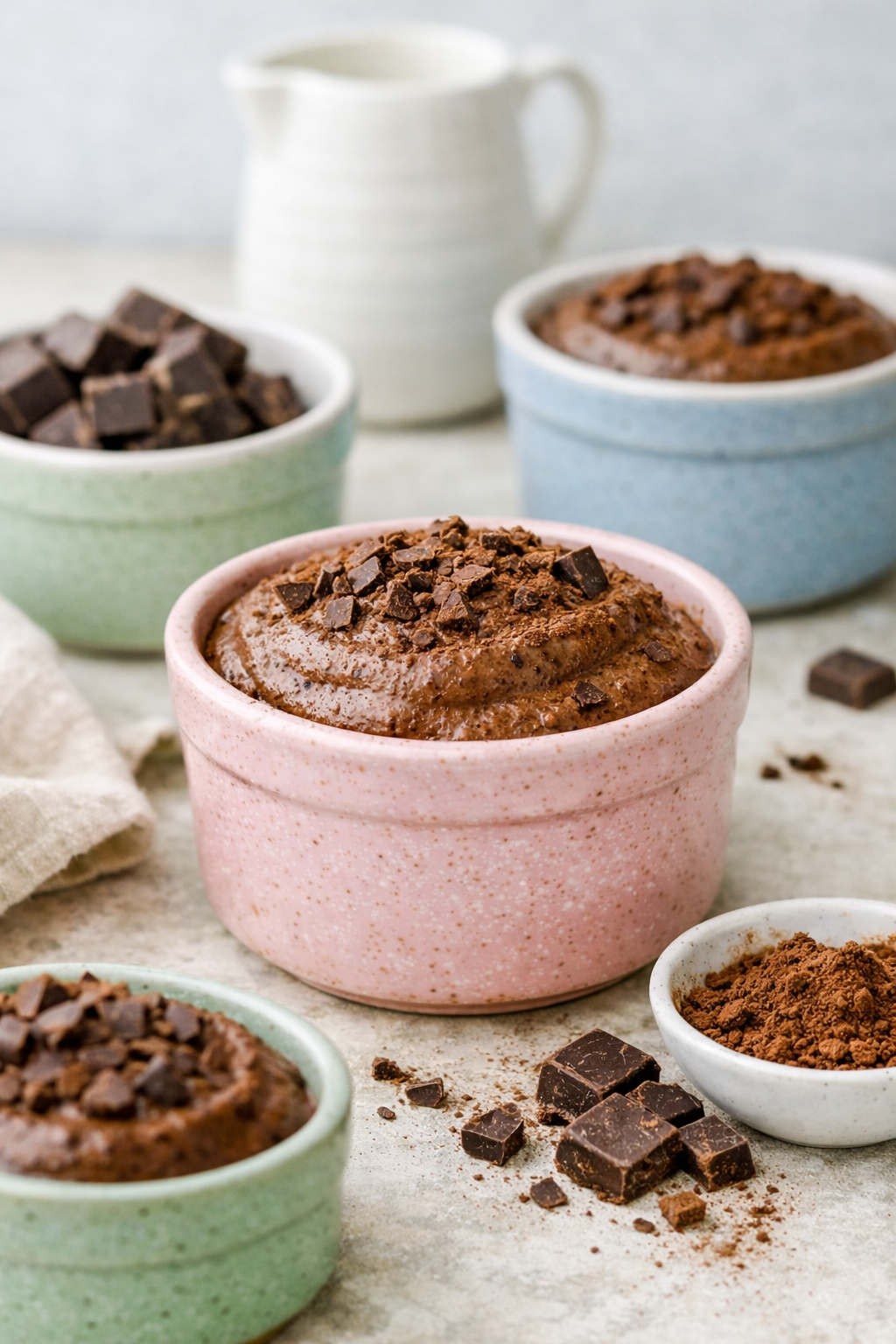 Mousse au chocolat 3 ingrédients dans ramequin rose pastel, texture céramique artisanale, lumière naturelle