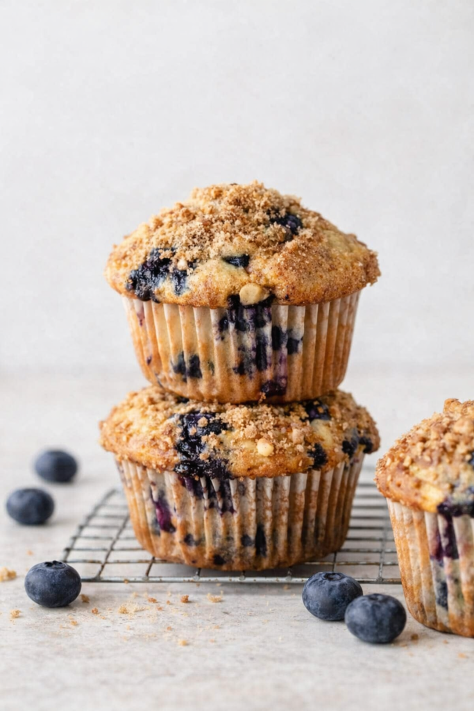 Muffins aux myrtilles dorés avec topping croustillant, posés sur fond clair, entourés de quelques myrtilles fraîches, lumière naturelle douce.