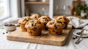 Muffins aux pépites de chocolat dorés et moelleux posés sur une planche en bois, ambiance lumineuse et naturelle en cuisine.