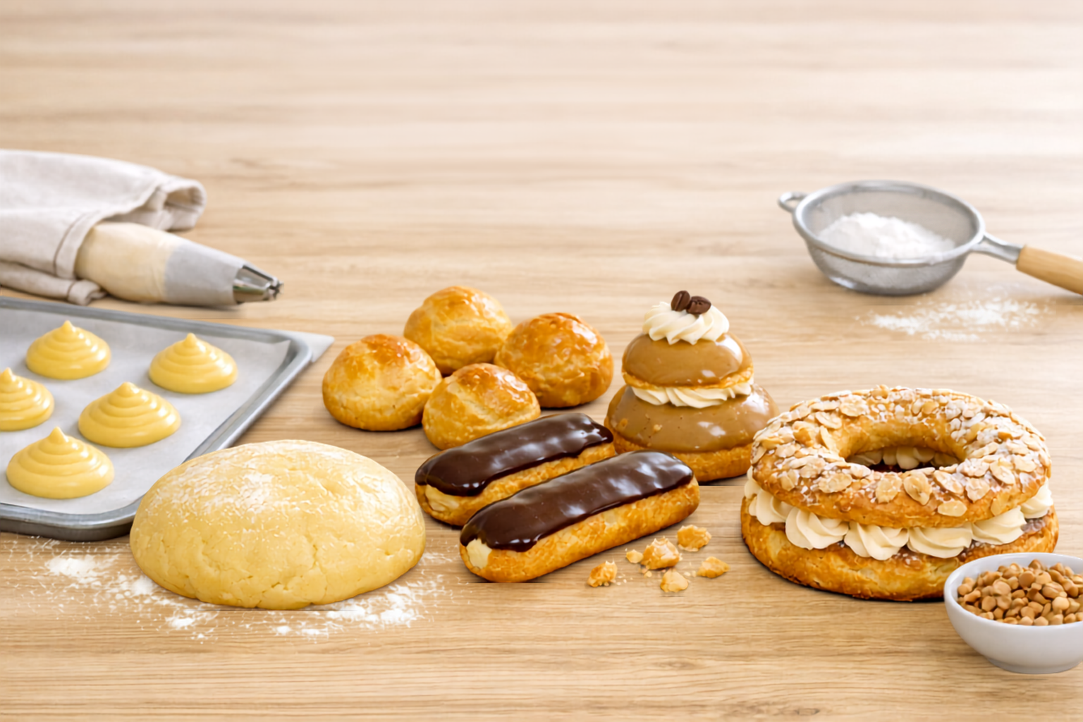 pâte à choux pochée, éclairs au chocolat et Paris‑Brest sur fond bois clair