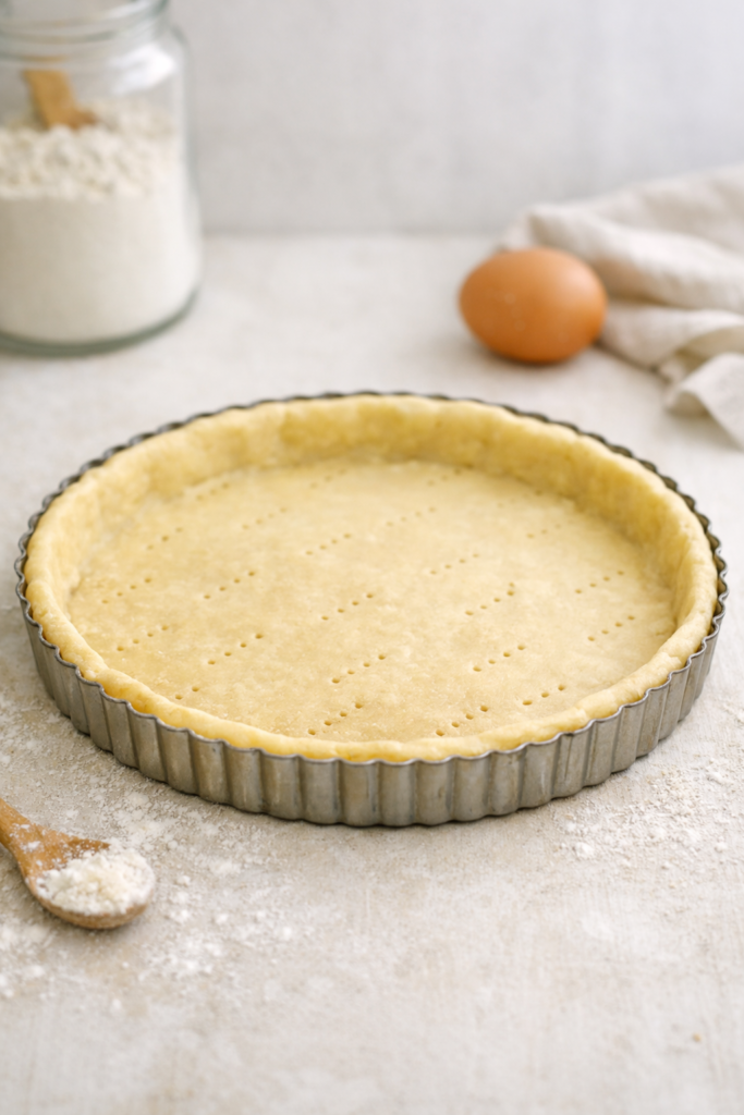 Pâte brisée crue dans un moule à tarte, vue verticale, lumière naturelle douce, décor minimaliste sur fond clair.
