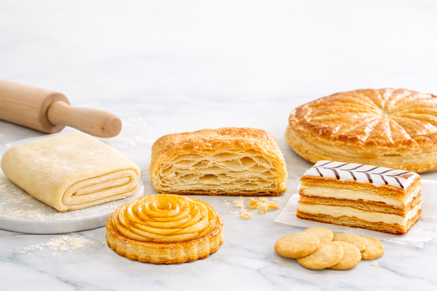 pâte feuilletée crue et desserts feuilletés dorés sur marbre