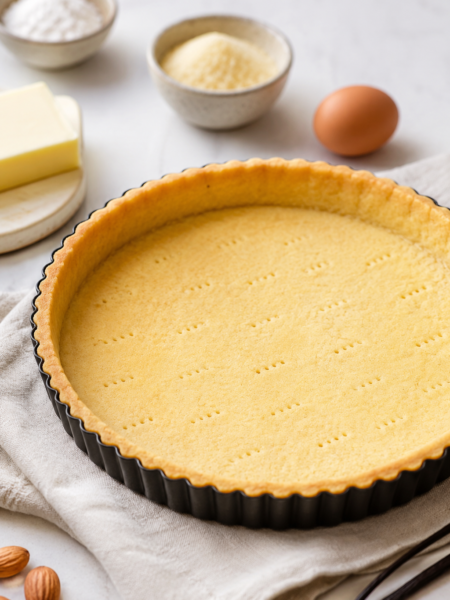 Tarte sucrée professionelle dorée dans un moule à tarte noir, posée sur un plan de travail lumineux avec ingrédients de pâtisserie en arrière-plan flou.