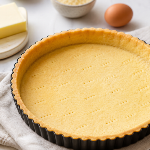 Tarte sucrée professionelle dorée dans un moule à tarte noir, posée sur un plan de travail lumineux avec ingrédients de pâtisserie en arrière-plan flou.