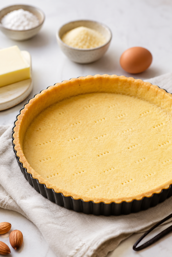 Tarte sucrée professionelle dorée dans un moule à tarte noir, posée sur un plan de travail lumineux avec ingrédients de pâtisserie en arrière-plan flou.