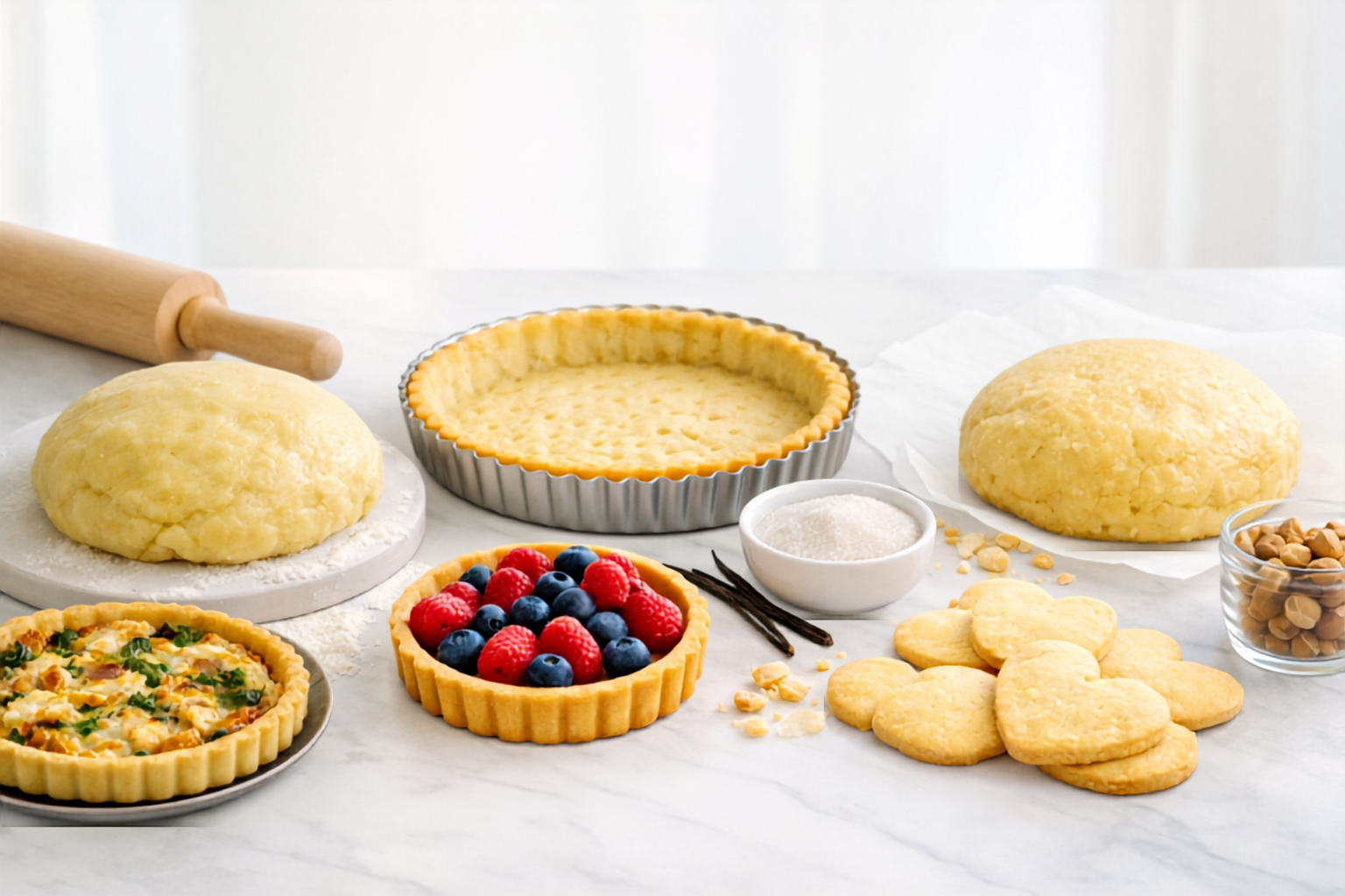 pâte sablée et tartes sucrées et salées sur plan de travail