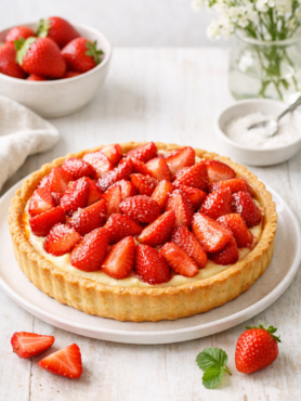 Tarte aux fraises maison sur fond clair, pâte sablée dorée garnie de crème pâtissière vanillée et de fraises fraîches macérées, photographie lumineuse en style naturel.