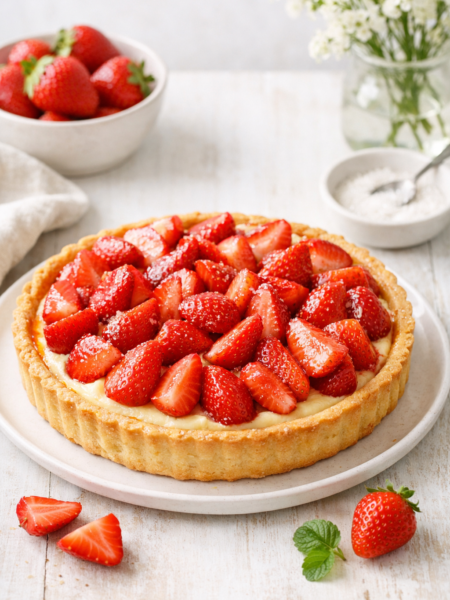 Tarte aux fraises maison sur fond clair, pâte sablée dorée garnie de crème pâtissière vanillée et de fraises fraîches macérées, photographie lumineuse en style naturel.