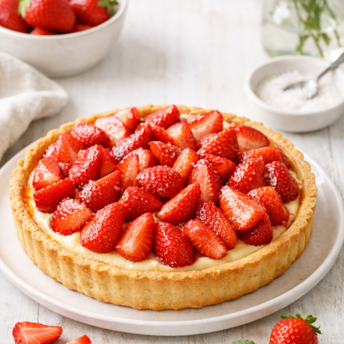 Tarte aux fraises maison sur fond clair, pâte sablée dorée garnie de crème pâtissière vanillée et de fraises fraîches macérées, photographie lumineuse en style naturel.