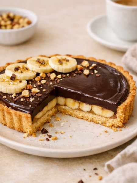 Tarte choco‑banane fine présentée sur une assiette beige, avec une part manquante révélant les couches de pâte sablée, banane et ganache chocolat brillante, dans une lumière naturelle et un décor minimaliste.