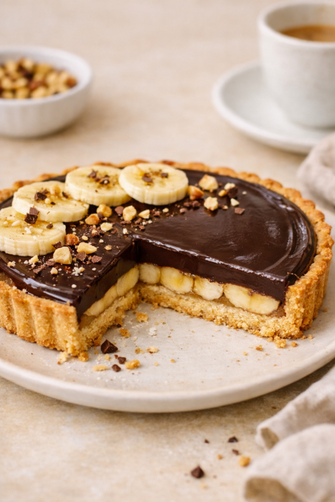 Tarte choco‑banane fine présentée sur une assiette beige, avec une part manquante révélant les couches de pâte sablée, banane et ganache chocolat brillante, dans une lumière naturelle et un décor minimaliste.