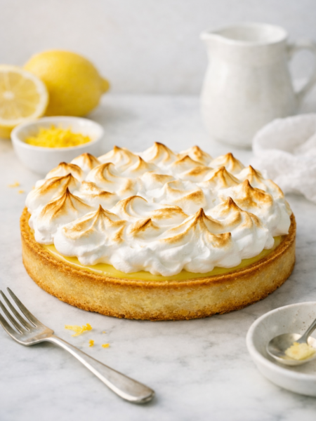 Tarte citron meringuée maison sur fond marbré, meringue dorée et aérienne, lumière naturelle, décor minimaliste.