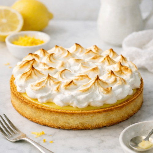 Tarte citron meringuée maison sur fond marbré, meringue dorée et aérienne, lumière naturelle, décor minimaliste.