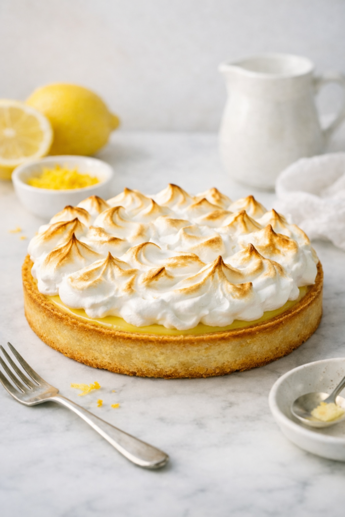 Tarte citron meringuée maison sur fond marbré, meringue dorée et aérienne, lumière naturelle, décor minimaliste.