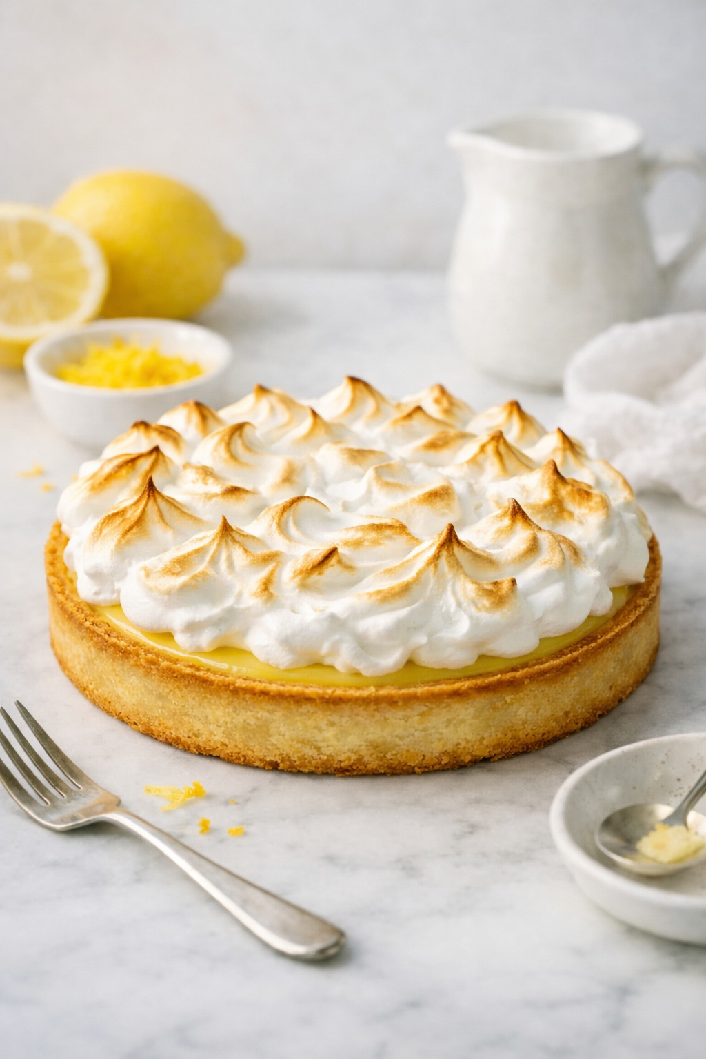 Tarte citron meringuée maison sur fond marbré, meringue dorée et aérienne, lumière naturelle, décor minimaliste.