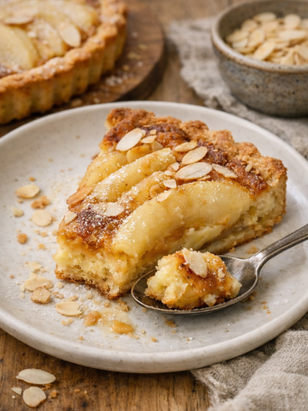 Tarte poire amandine maison servie sur assiette blanche, texture fondante mise en avant avec une cuillère prélevée, ambiance lumineuse et naturelle.