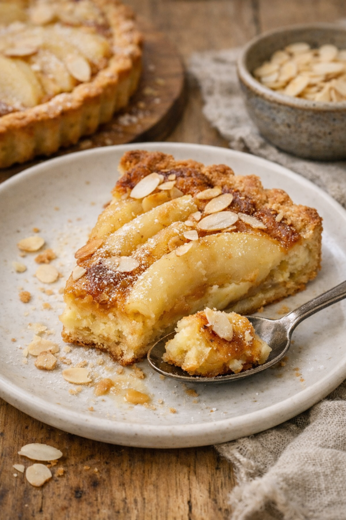 Tarte poire amandine maison servie sur assiette blanche, texture fondante mise en avant avec une cuillère prélevée, ambiance lumineuse et naturelle.