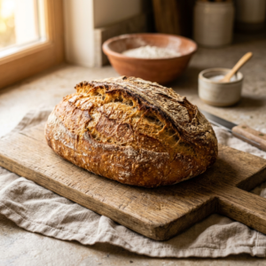 Pain rustique maison à croûte dorée posé sur une planche en bois, éclairage naturel et ambiance artisanale.