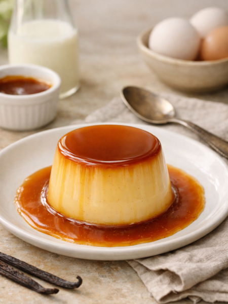 Crème renversée au caramel maison, flan lisse nappé de caramel blond sur assiette blanche, lumière naturelle et décor minimaliste.