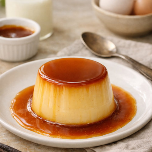 Crème renversée au caramel maison, flan lisse nappé de caramel blond sur assiette blanche, lumière naturelle et décor minimaliste.