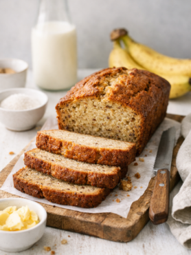 Banana bread sans gluten moelleux sur planche en bois, tranches dorées, décor rustique et lumineux.