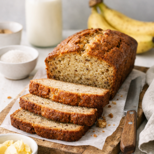 Banana bread sans gluten moelleux sur planche en bois, tranches dorées, décor rustique et lumineux.