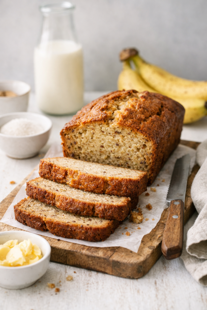 Banana bread sans gluten moelleux sur planche en bois, tranches dorées, décor rustique et lumineux.