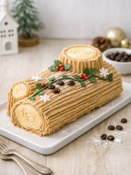 Bûche de Noël Café maison sur plat blanc, décorée de crème au beurre café beige, feuilles de houx, baies rouges et grains de café, photographiée en lumière naturelle sur fond bois clair.