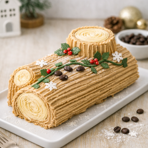 Bûche de Noël Café maison sur plat blanc, décorée de crème au beurre café beige, feuilles de houx, baies rouges et grains de café, photographiée en lumière naturelle sur fond bois clair.