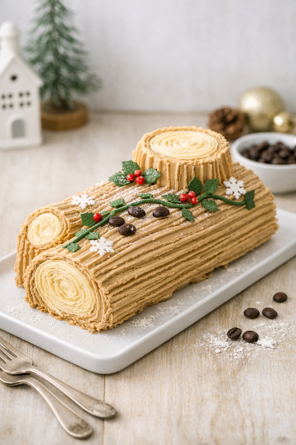 Bûche de Noël Café maison sur plat blanc, décorée de crème au beurre café beige, feuilles de houx, baies rouges et grains de café, photographiée en lumière naturelle sur fond bois clair.
