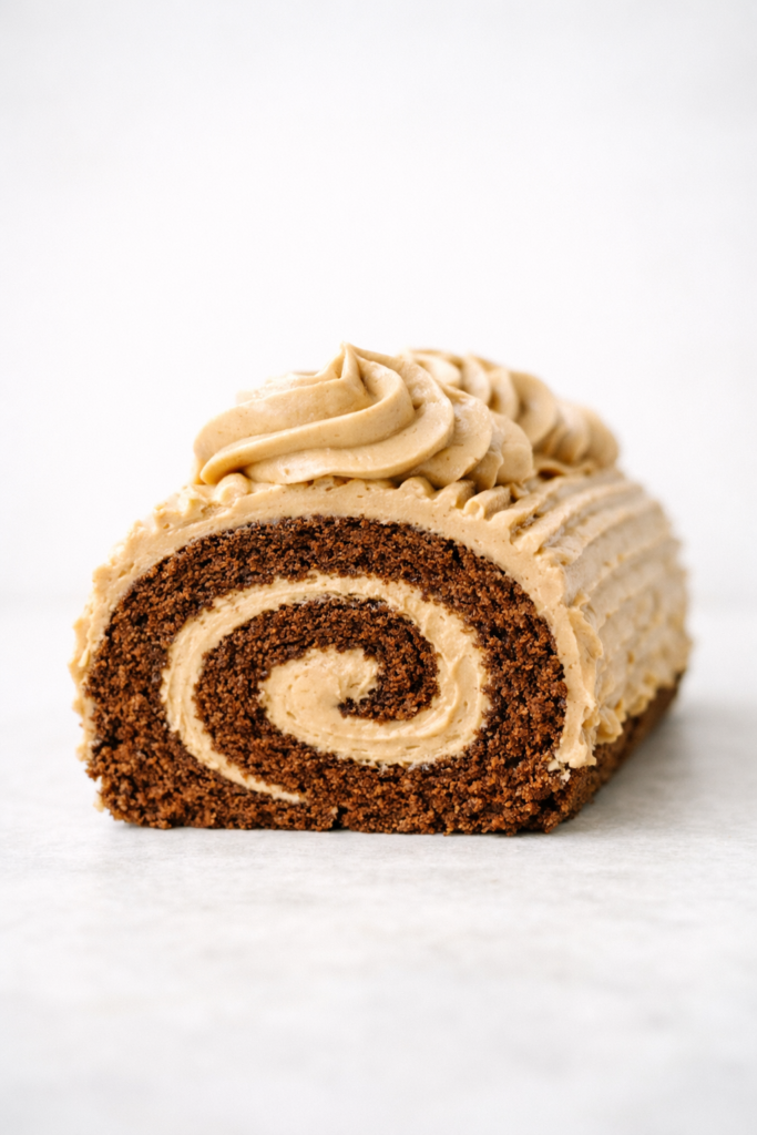 Bûche moka crème au beurre café vue latérale, swirl intérieur visible, fond clair et lumière naturelle.